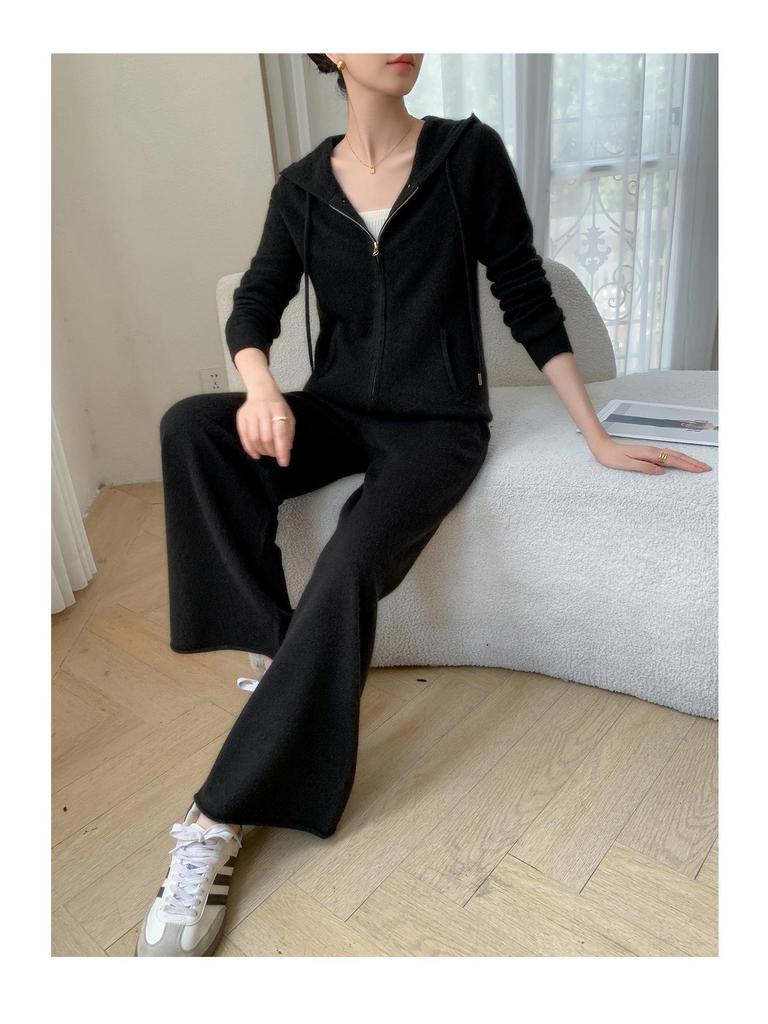 Autumn/Winter 2025 Women's Hooded Cashmere Knit Cardigan & Wide-Leg Pants Set