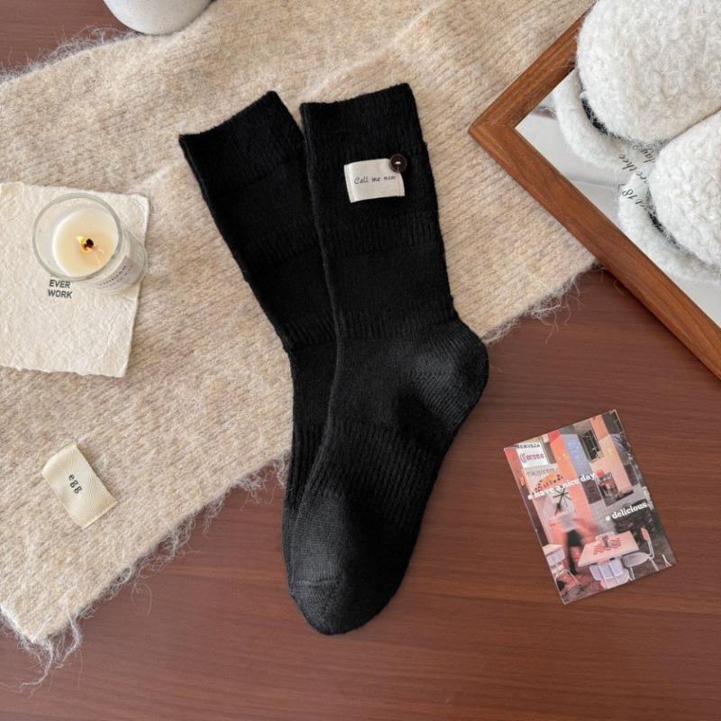 Wool Accessories Women's Socks - Winter High-end Thick and Warm Knitted Fabric with Logo Buttons, Pure Color, Simple Design, Mid-calf Length Socks