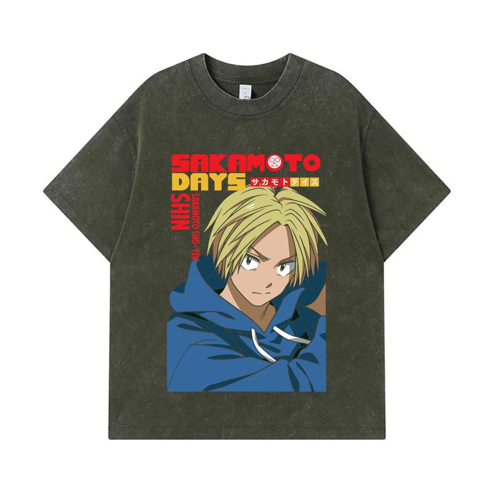 

275 GSM Washed T-shirts 100% Cotton Sakamoto Days V8 Shin Print Unisex Heavy Cotton T Shirt S