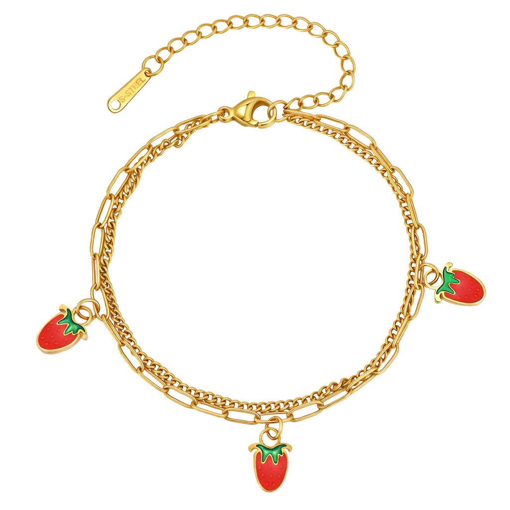 Wind Design Girl Sweet Stainless Steel Double Strawberry Cherry Bracelet, Jewelry Br-2577