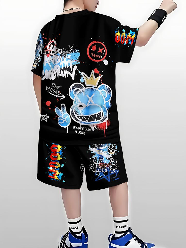 2025 Summer new 3D graffiti bear letter print casual, fashionable, soft, comfortable and lightweight children's set
