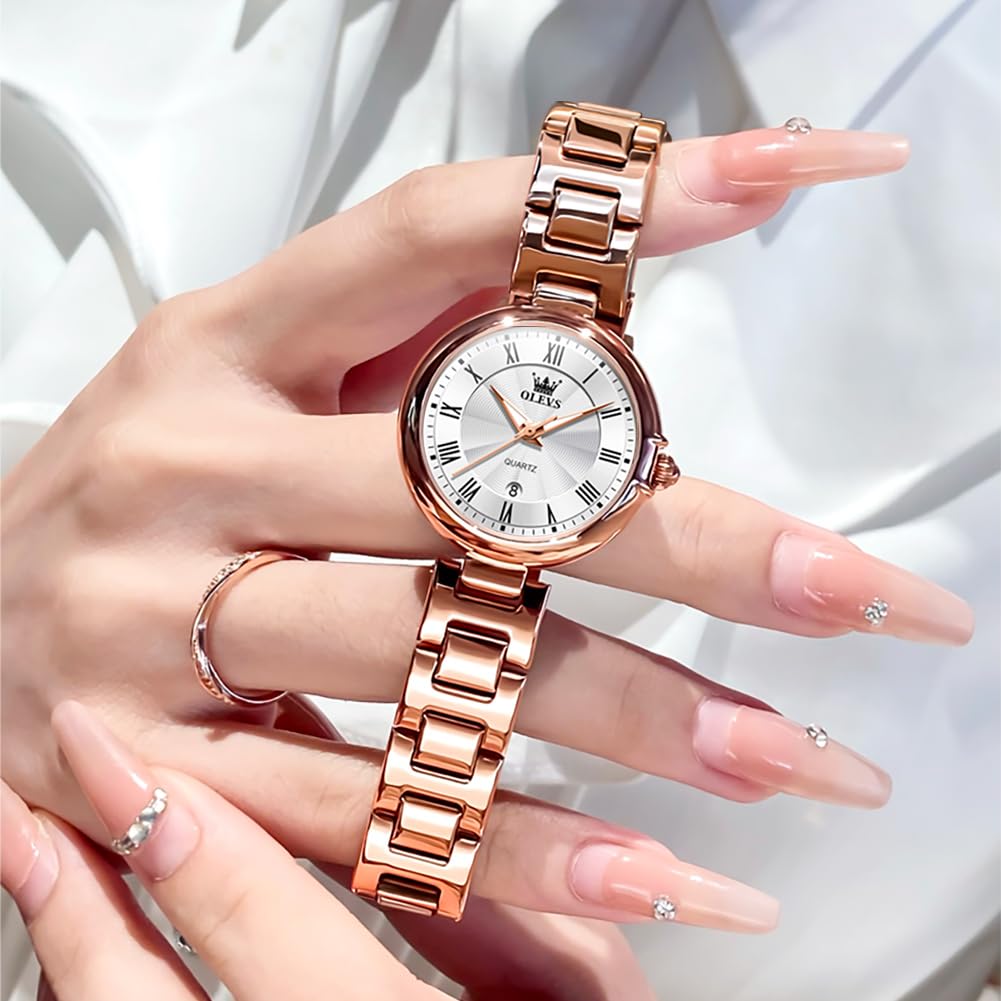 OLEVS Women's Quartz Watch, Cute, Lightweight, Stainless Steel, Waterproof, Luminous, Gift, Rose Gold & White