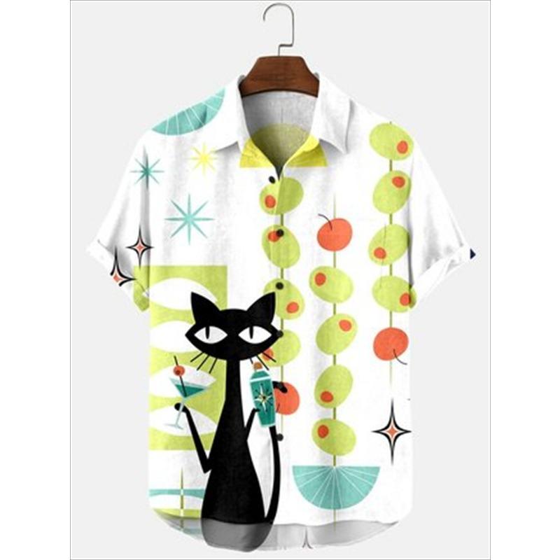 Hawaii Men's Shirt Anime Shirt Cartoon Short-sleeved Tops Summer Casual Men's Clothes Street Animals Cats Retro 3d Tees