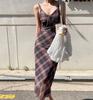 Elegante Abito Canotta Bodycon a Quadri Francesi Retrò da Donna - Stile Lungo Autunnale che Segna la Vita