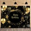 A Cheerful Birthday Background Banner Made of Polyester Fabric In Black and Gold Suitable for Family Gatherings