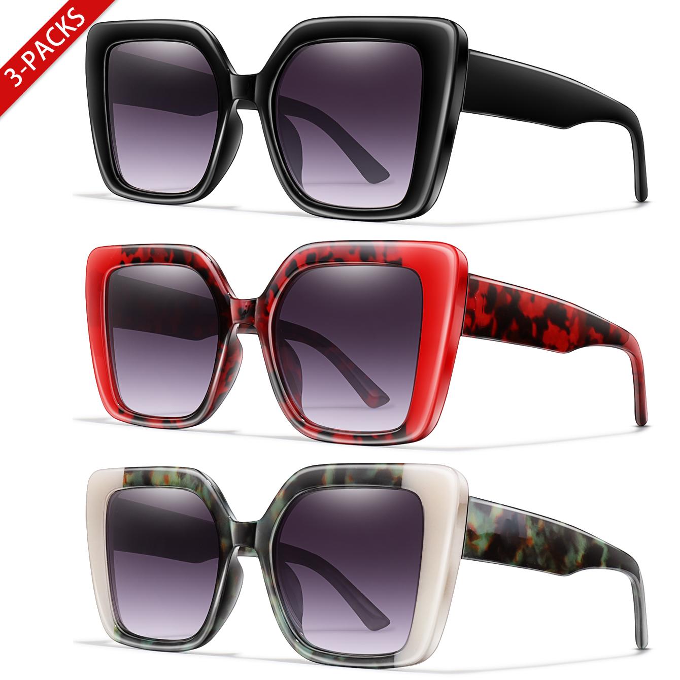 

3 Pairs Oversized Brand Sunglasses Retro Square Shades for Women Daily wearing Vintage Big Frame Trending Eyeglasses UV400