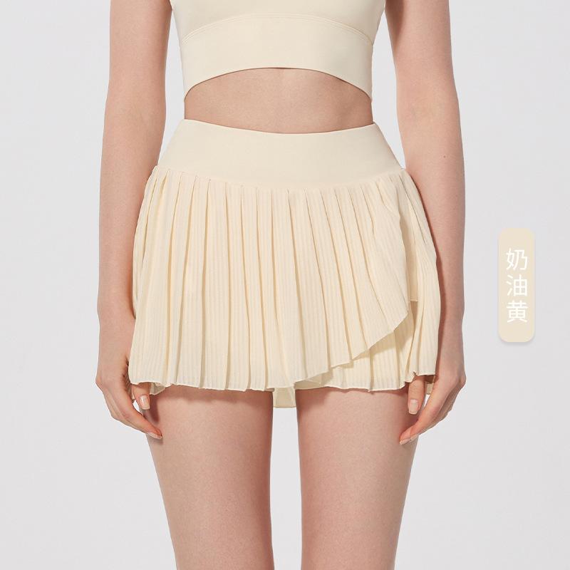 Summer pleated fitness yoga midi skirt, high-waisted slimming, anti-exposure tennis golf, running sports short skirt for women S