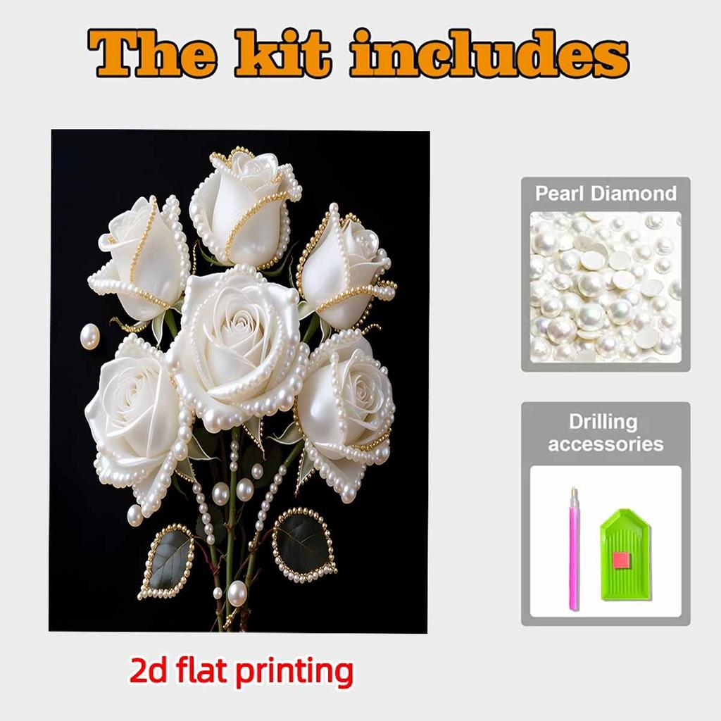 DIY White Rose Pearl Diamond Art Kits Without Frame 30x40cm Gem Art Diamond Painting Kits for Adults/Beginners Gift Idea Home Wall Decor