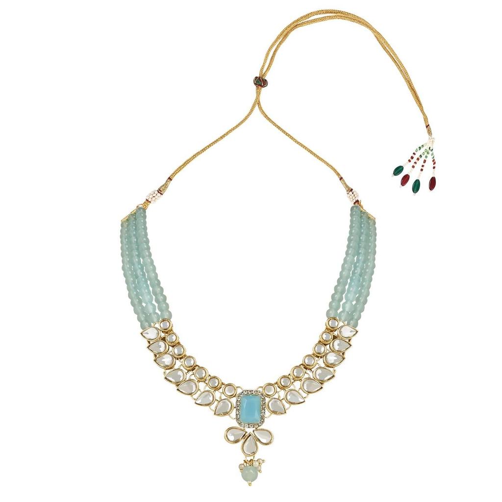 18K Gold Plated Traditional White Kundan Studded Multi Layer Pearl Necklace Jewellery Set with Dangle Earrings for Women