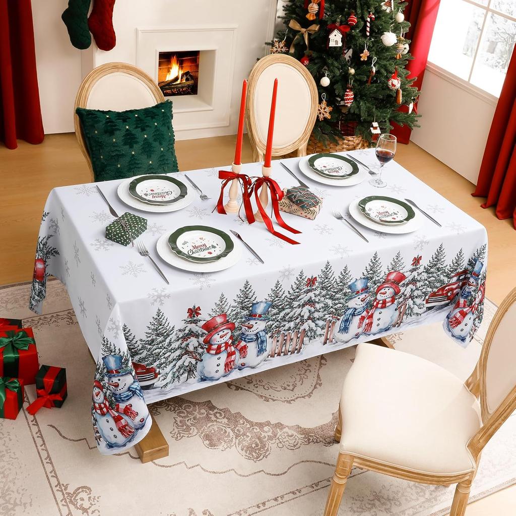 Christmas Snowman Snowflake Xmas Tree Waterproof Tablecloth Table Decor Farmhouse Kitchen Dining Tablecloth Christmas Decoration
