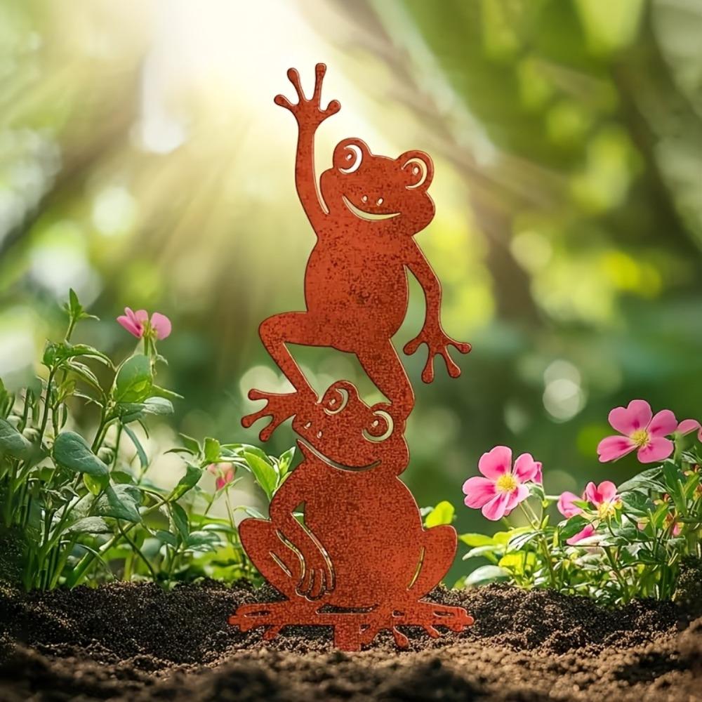 Vintage Rusty Iron Frog Garden Stake Stacked Metal Yard Art Country Outdoor Decor