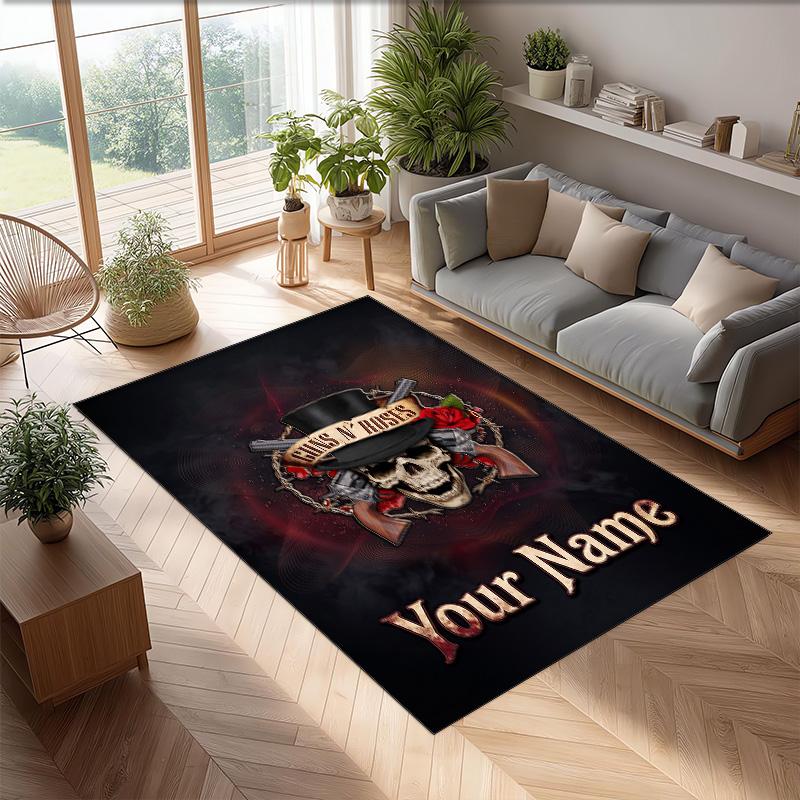 Guns N’ Roses Crystal Velvet Rug, Custom Name Text Personalized Non‑Slip Floor Mat for Home Decor Gift