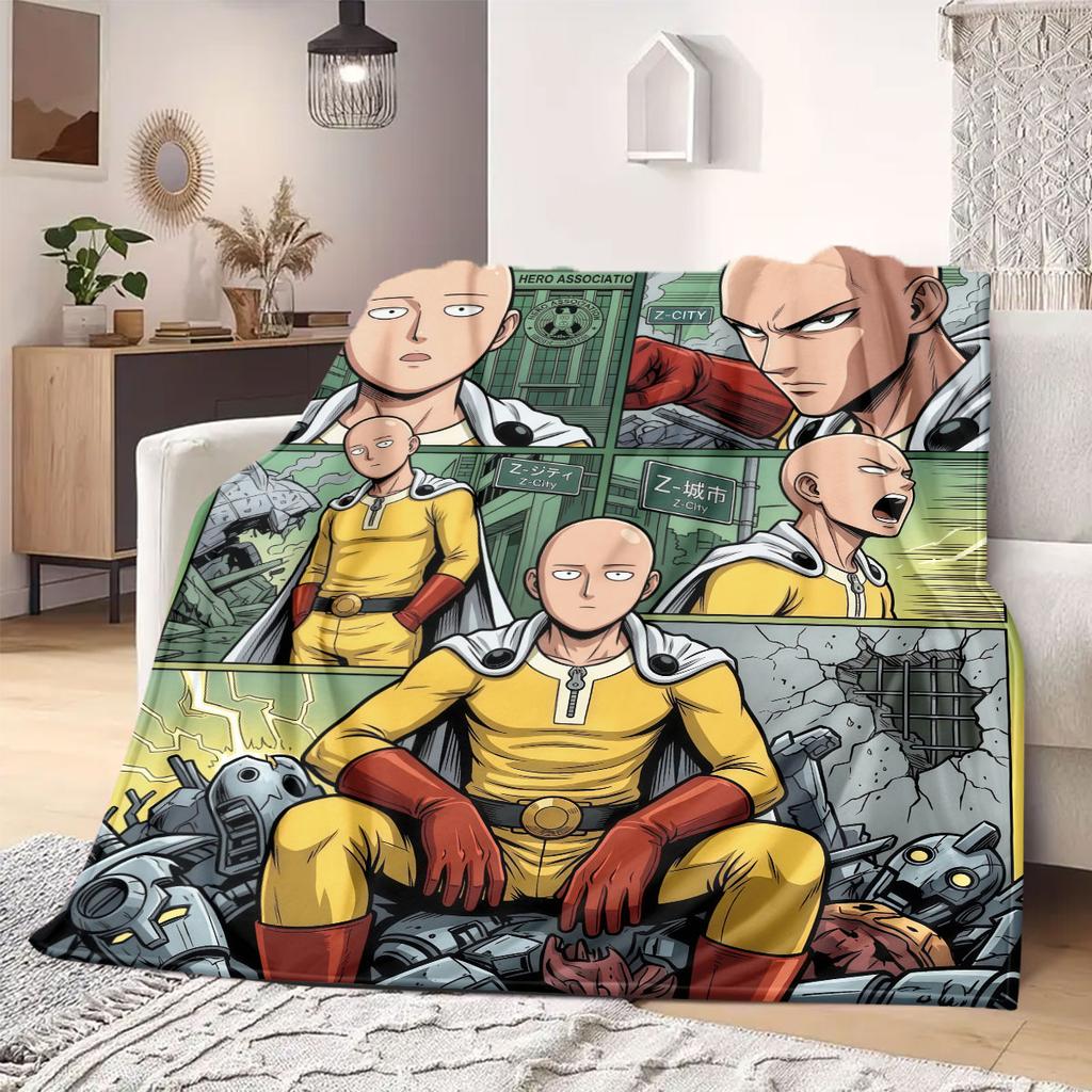 One Punch Man Modern 2D Print Flannel Blanket, Anime Design for Bedroom, Cozy Travel Picnic Throw Blanket_LIAN