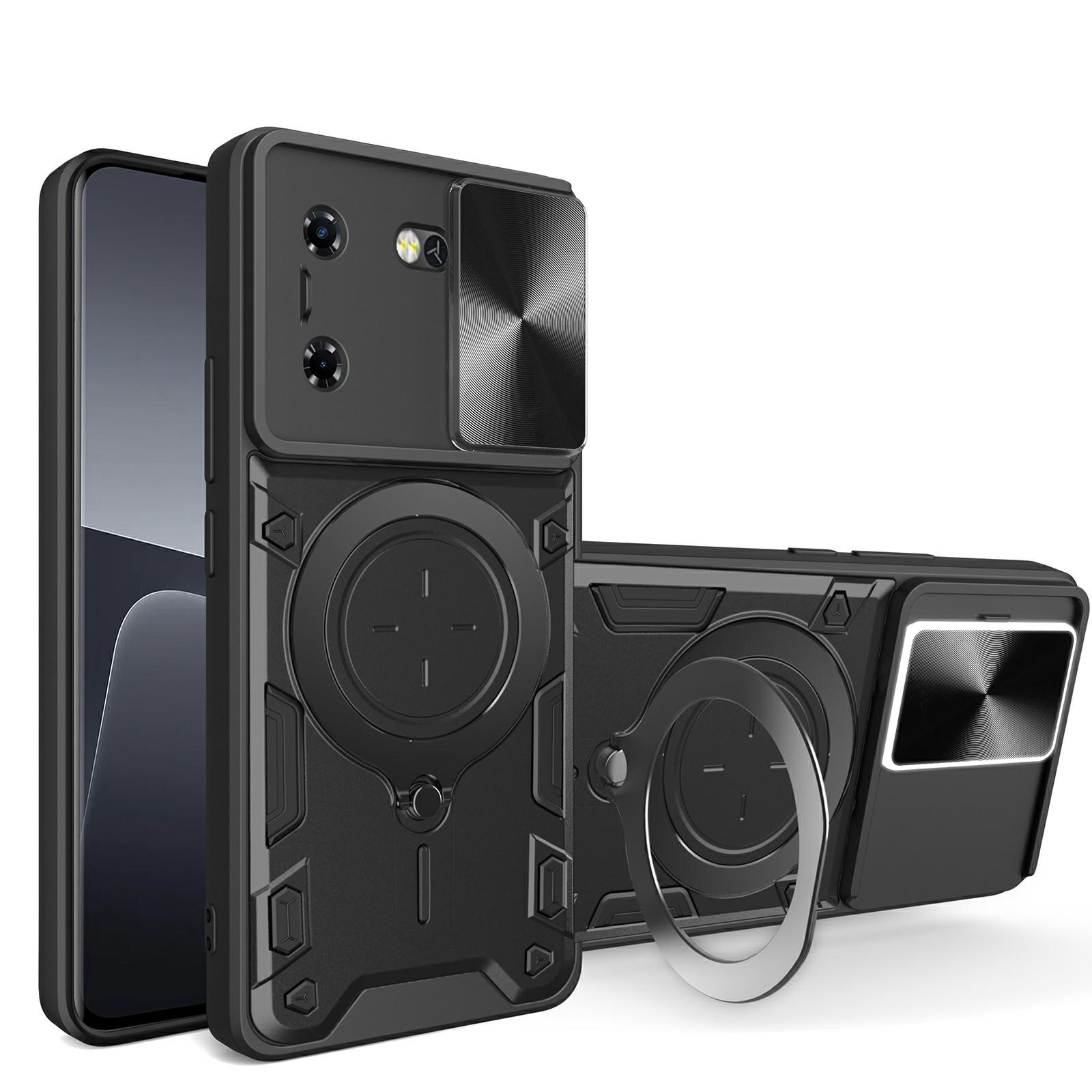 

Для чехла TECNO Pova 5G Сдвижная крышка камеры TPU+PC Чехол для телефона с подставкой Black