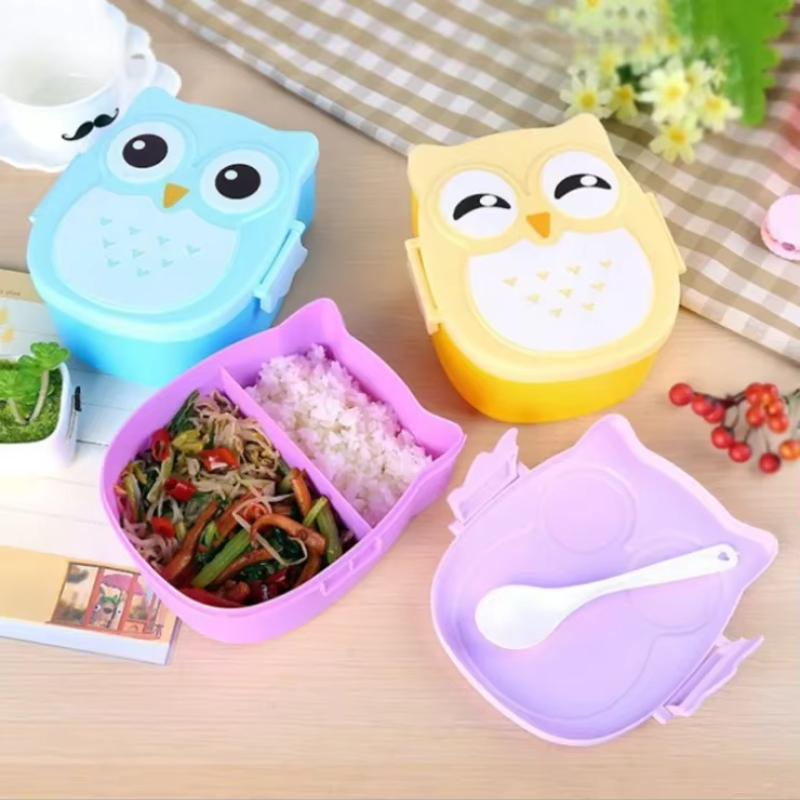 1pc Owl Lunch Box Plastic Compartment Cartoon Cute Portable Lunch Box with Lid Student Lunch Box Food Container