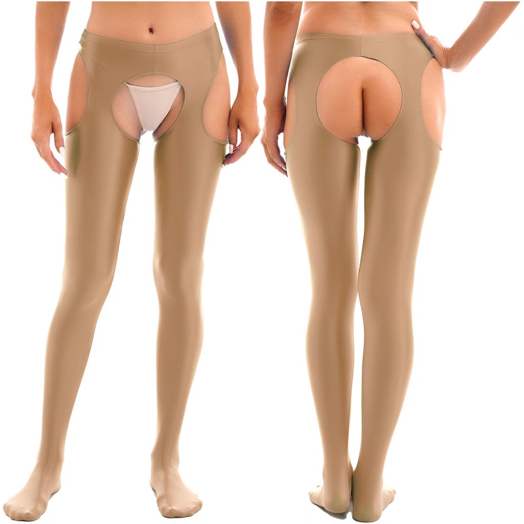 Womens Glossy Cutout Pantyhose Mid Waist Tights Crotchless Design Elastic Waistband Sheer Leggings Skinny Pants