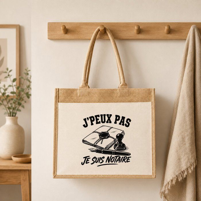 Sac Cabas Jute avec Poche J’peux pas je suis Notaire J'peux pas minimaliste | Toile de Jute et Coton 21 L Fond Plat Anses 65 cm