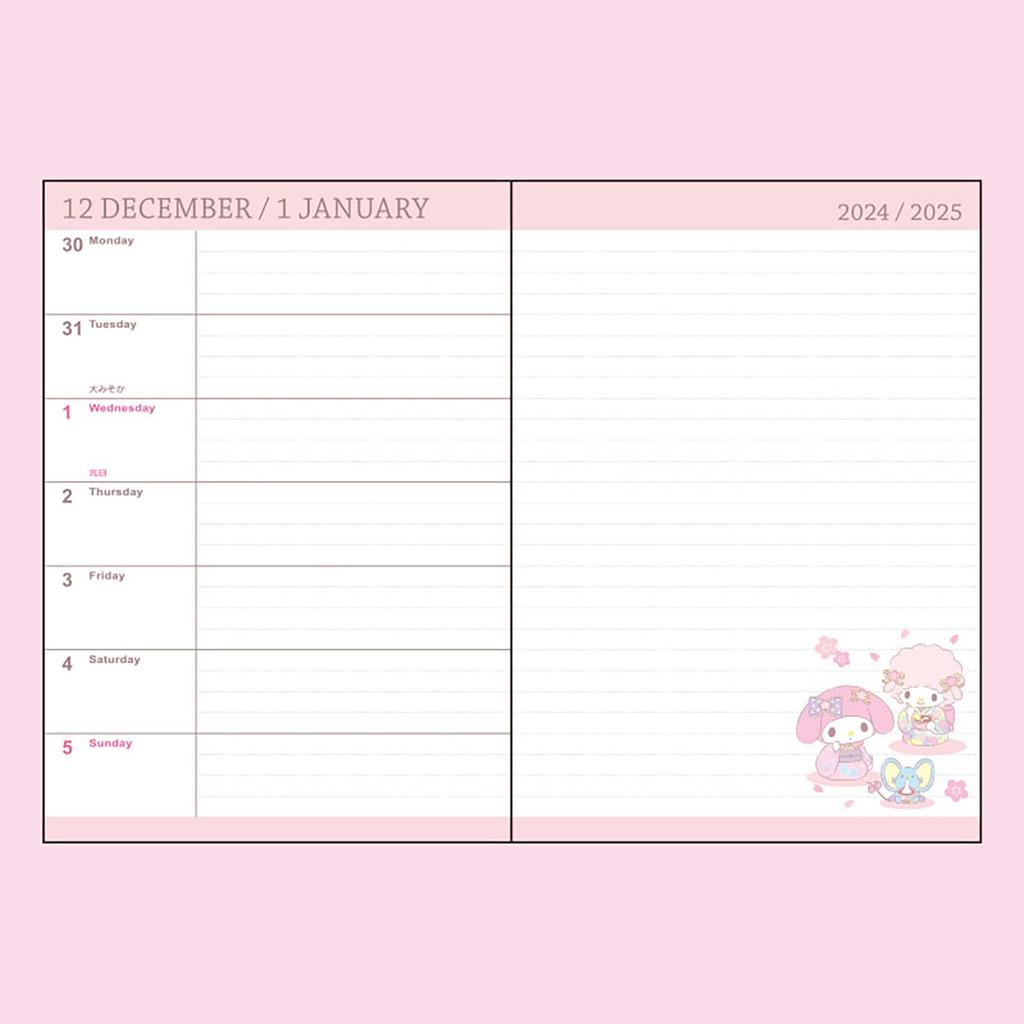 Sanrio Agenda B6 My Melody 2025 Octubre con Pegatinas de Horario y 455121 (Rayado Horizontal) (Comienza 2024) Marcador,