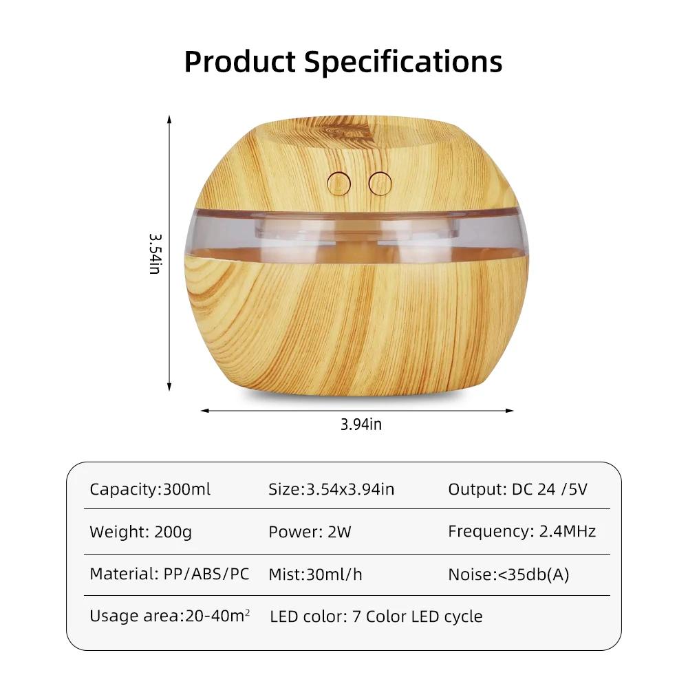 Wood Grain Humidifier, Aromatherapy Diffuser, Night Light, Touch Control, 300ml, Home Comfort