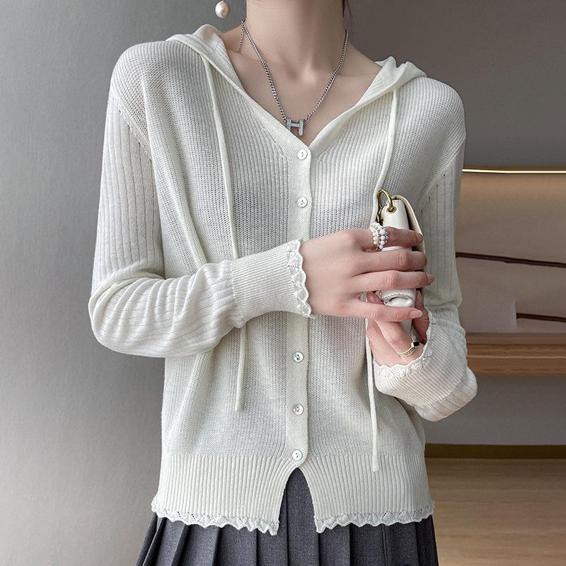Hooded Cardigan for Women's Spring and Autumn New Loose and Versatile Long-sleeved Wool Hoodie Jacket Top