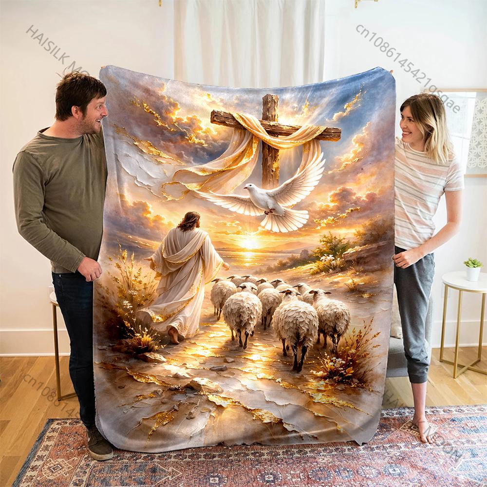 1 Stück Jesus Schaf Kreuz Sonnenuntergang Druck Decke Warm Weich Flauschig Kinder und Erwachsene Sofa Bett Überwurf Decke Outdoor Reise Camping Wohnmobil