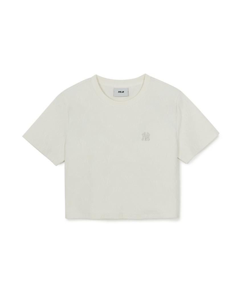 Emelbi Women'S Diamond Monogram Tone-Tone Jacquard Crop Short Sleeve T-Shirt Ny (Ivory)