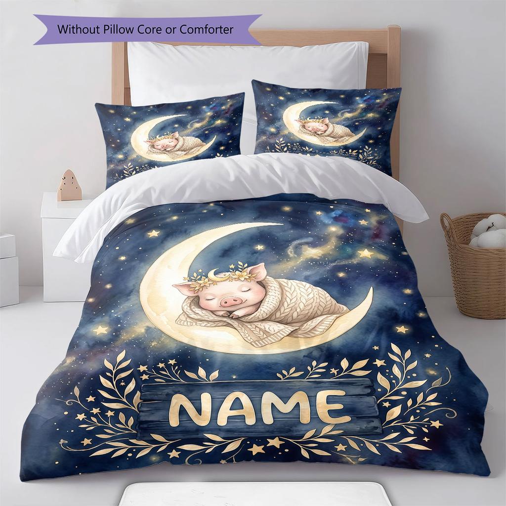 Custom Name,Moon Animal Pattern Bedding Home Decoration Birthday Gift ( 1 duvet cover + 2 pillowcase, without core),fan merchandise.