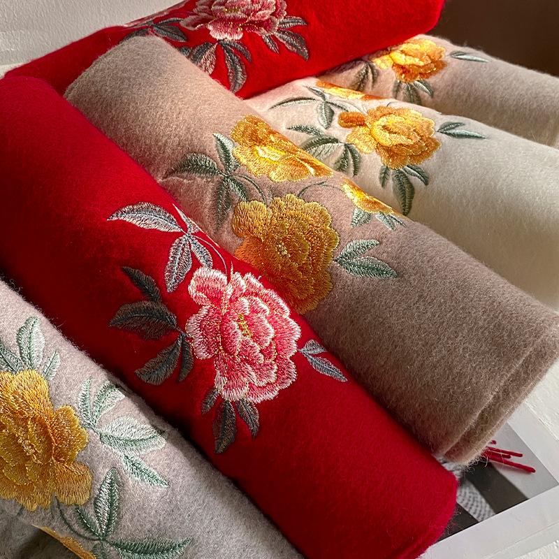 Luxury Embroidery 100% Wool Scarf Women Solid Floral Cashmere Handkerchief Warm Pashmina Female Shawl Pareo Soft Bufanda