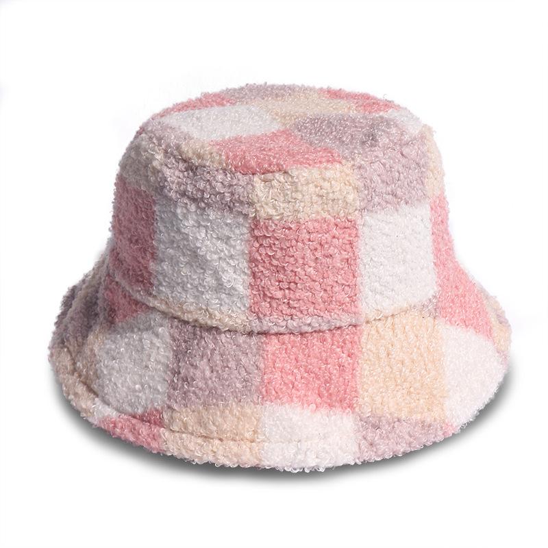 Autumn Adult Bucket Hat Autumn and Winter Women's Japanese Lamb Wool Plaid Basin Hat Travel Warm Plush Hat Tide