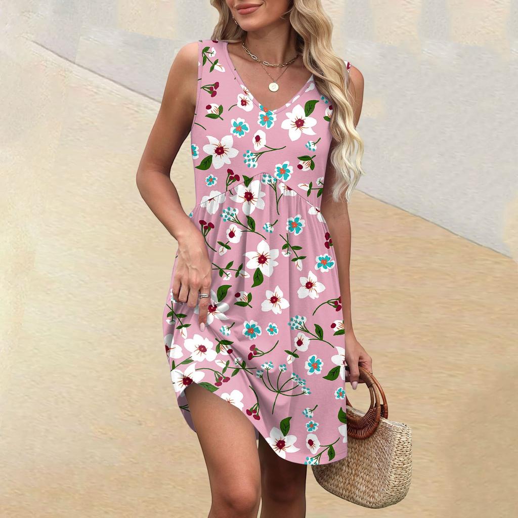 Women's Summer V-neck Casual Beach Vacation Style Vintage Floral Print Sleeveless Splicing Dresses
