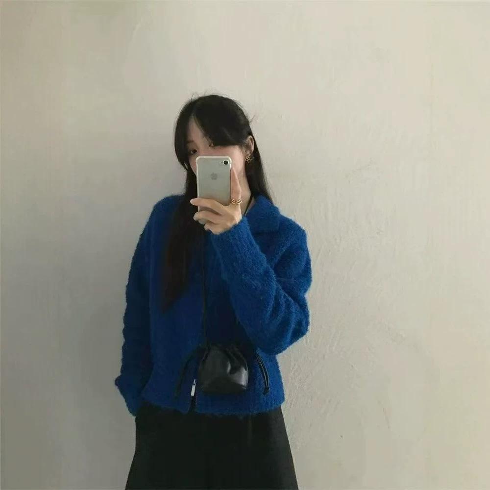 Korean lapel double zipper loop yarn knitted cardigan for women's autumn and winter new loose soft waxy sweater jacket for women