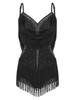 Womens Dance Leotard Ruched Mesh Drapes Glittery Rhinestones Adjustable Straps Cutout Fringe Bodysuit Performance Wear