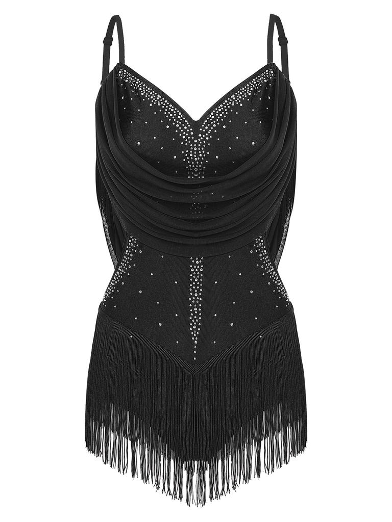 Womens Dance Leotard Ruched Mesh Drapes Glittery Rhinestones Adjustable Straps Cutout Fringe Bodysuit Performance Wear