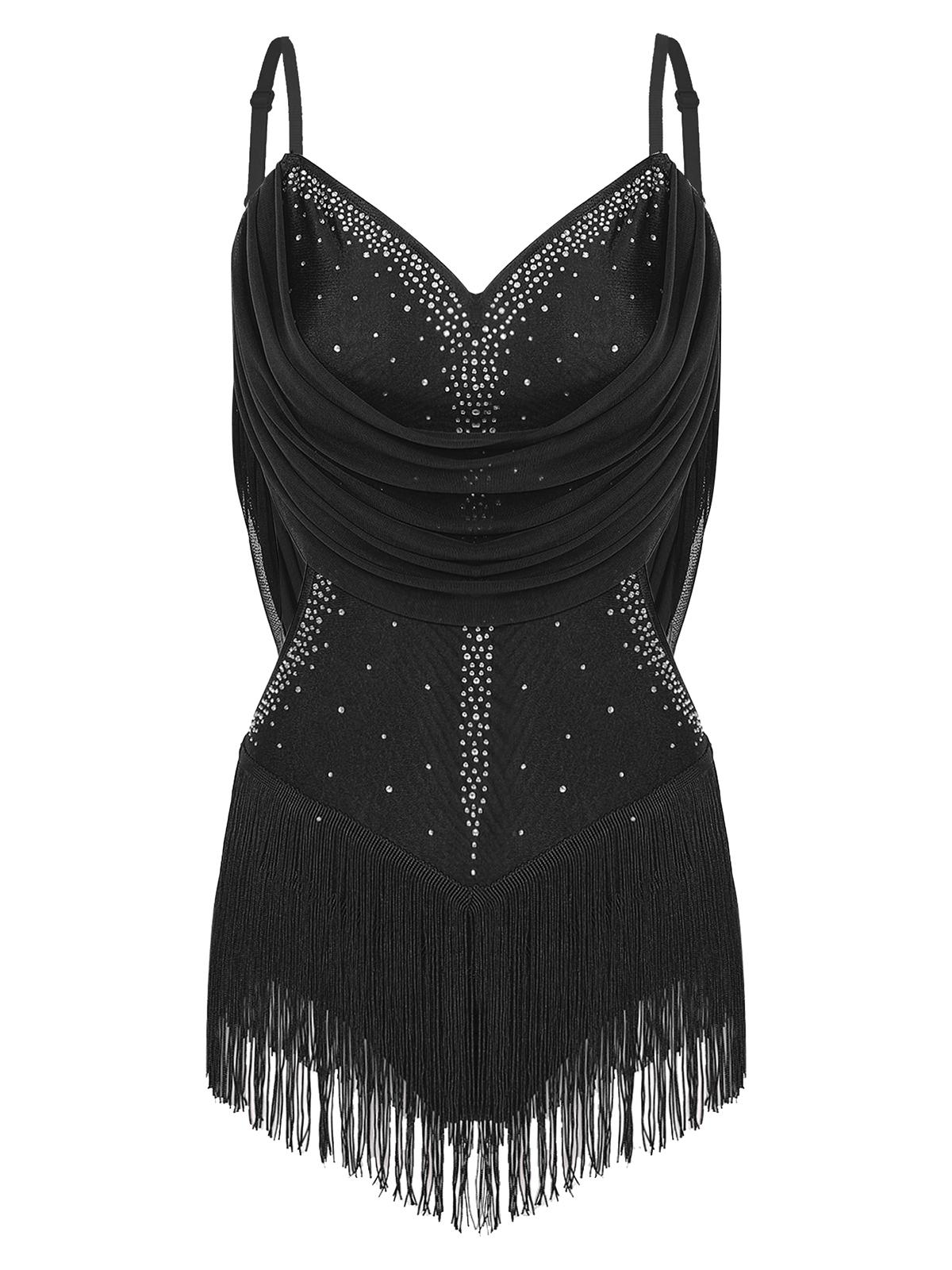 

Жіночий танцювальний купальник з драпіруванням з сітки, блискучими стразами, регульованими бретелями, вирізом та бахромою, боді для виступів XXL чорний