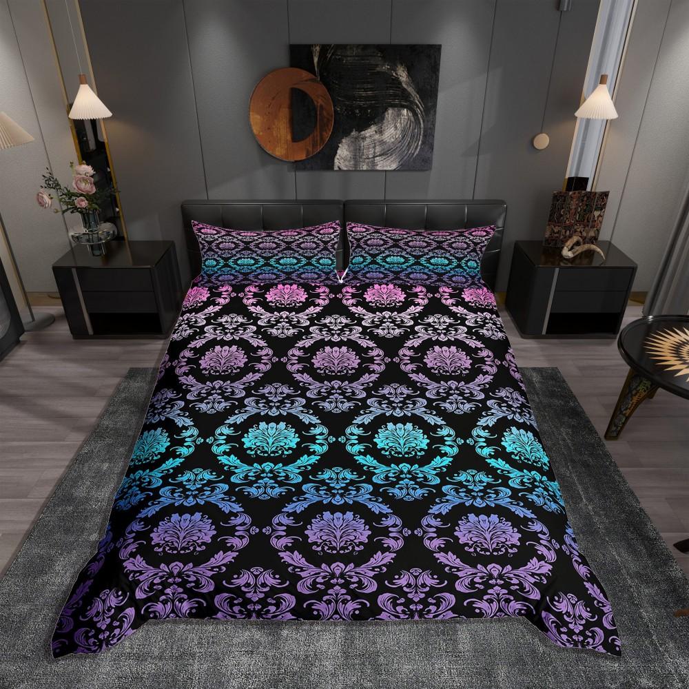 Homewish Black Gold Damask Duvet Cover Set for Female,Mystic Western Tribal Bedding Set,Vintage Bohemian Floral Bed Set
