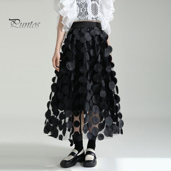 Women Summer Maxi Skirt Retro A-Line Large Hem Skirt Solid Color 3D Dot Decor High Waist Long Skirt