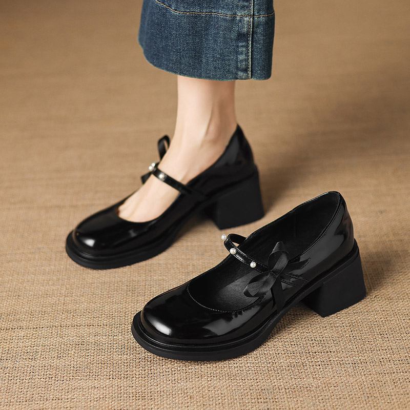Krazing Pot Microfiber Round Toe Thick Med Heels Spring Summer Shoes Big Size 43 Pearl Bowtie Women Platform Pumps