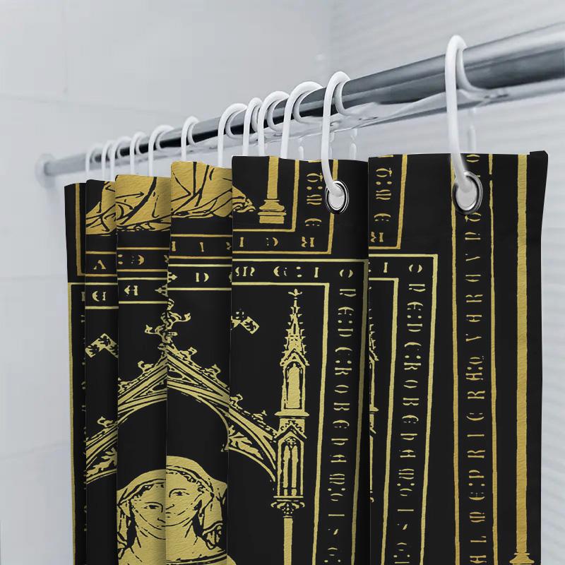 Vintage Gothic Bathroom Shower Curtain Medieval Religious Illustration With Figure In Prayer Pose (Black Gold)