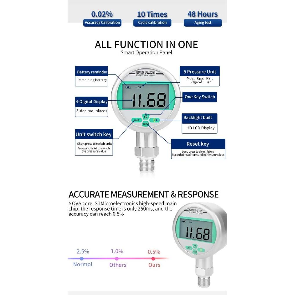 Digital Pressure Gauge 80mm LCD Display 0-60Mpa Manomete Battery-Powered Air Pressure Meter Psi/Bar/Kpa Water Pressure Gauge