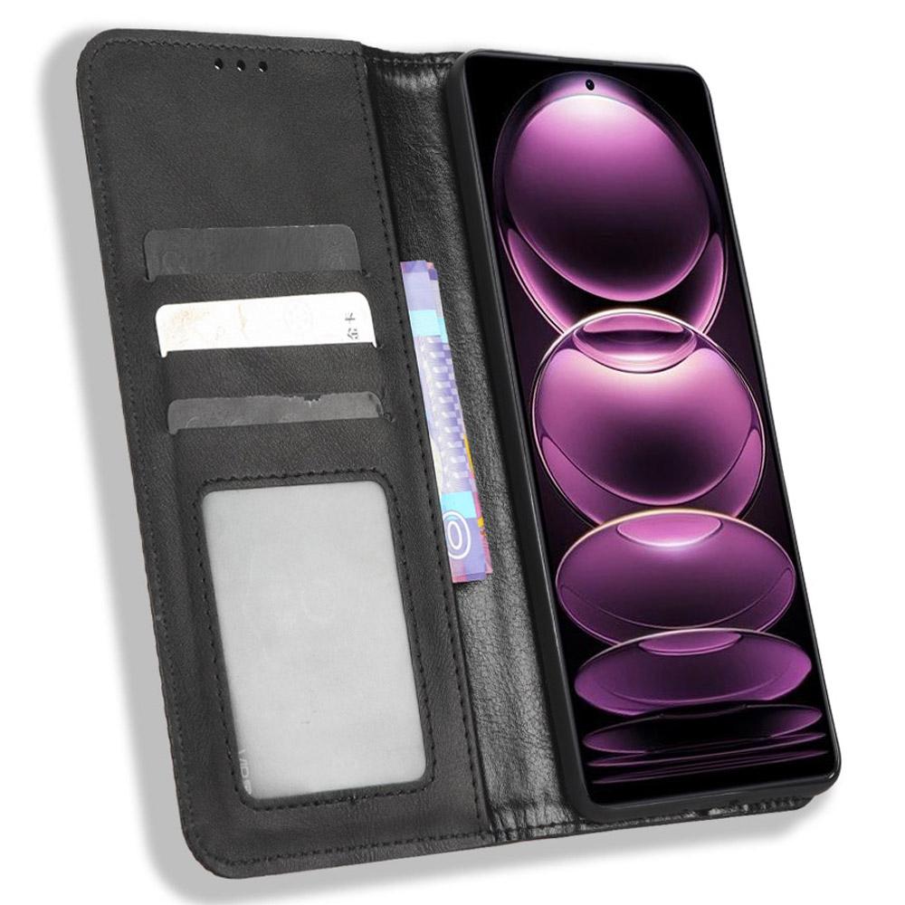 

For Xiaomi Redmi Note 12 Pro 5G/Note 12 Pro Speed 5G/Poco X5 Pro 5G Magnetic Retro Texture Phone Case Wallet Stand Imprinted Pattern Cell Phone Cover Black