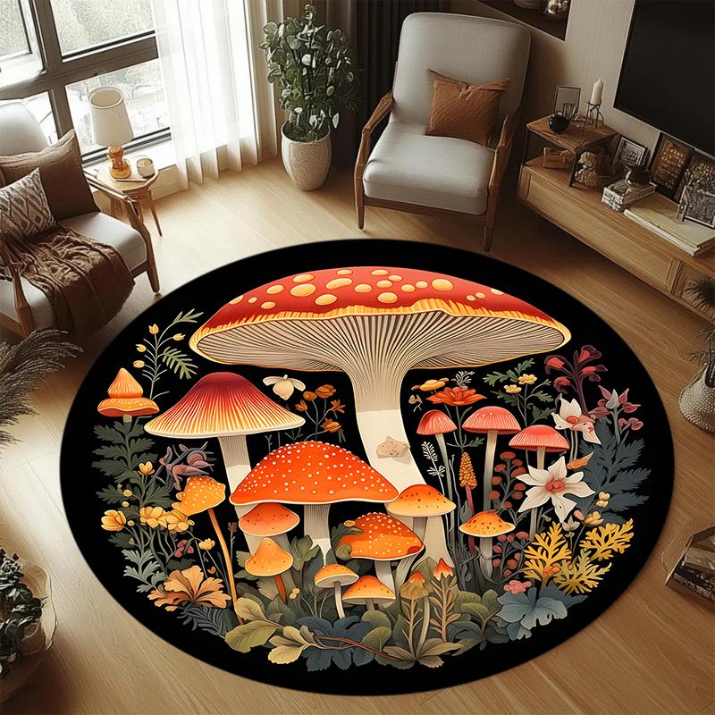 Retro Illustration Style Mushroom Rug, Forest Floral Print Floor Carpet for Living Room Bedroom Non-Slip Washable Home Decor Mat