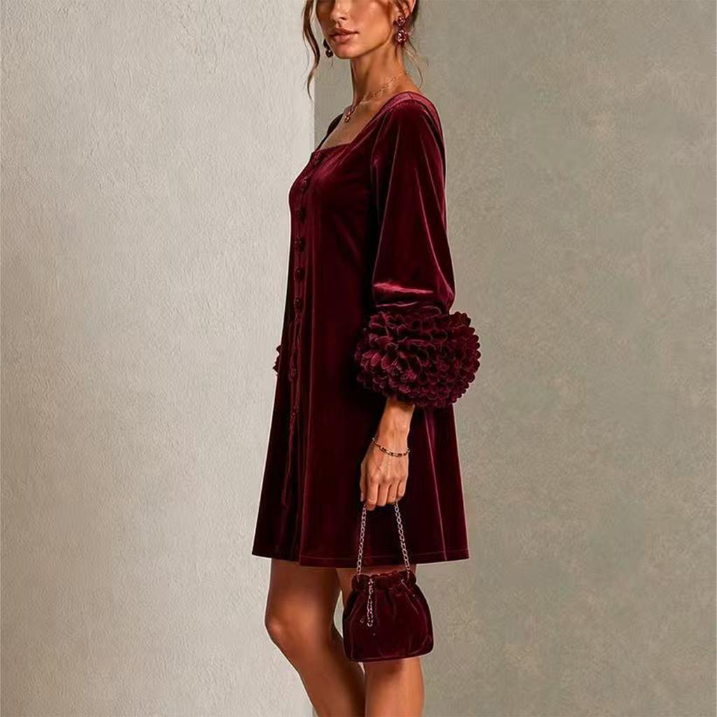 Women's Vintage Square Neck Puff Sleeve Long Sleeve A-Line Dress with Floral Color Loose Fit Formal Dress