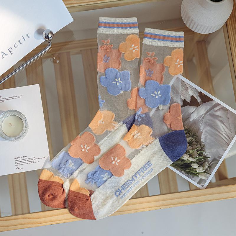 Spring/Summer Ultra Thin Vintage Crystal Silk Stockings for Women Socks for Women Mid-tube Stockings Breathable Cotton Sole Glass Silk Stockings