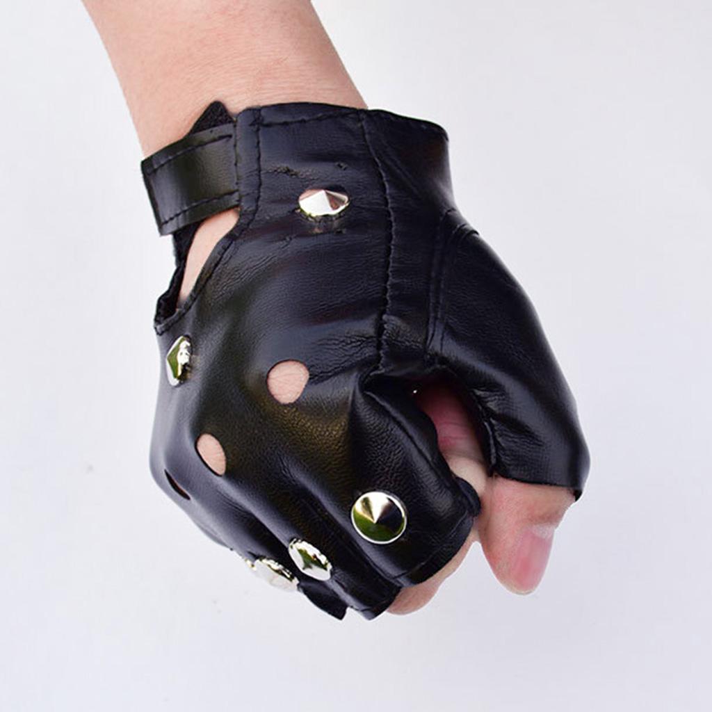 Black Half Finger Motorcycle Mittens Solid Color Faux Leather Gloves for Unisex