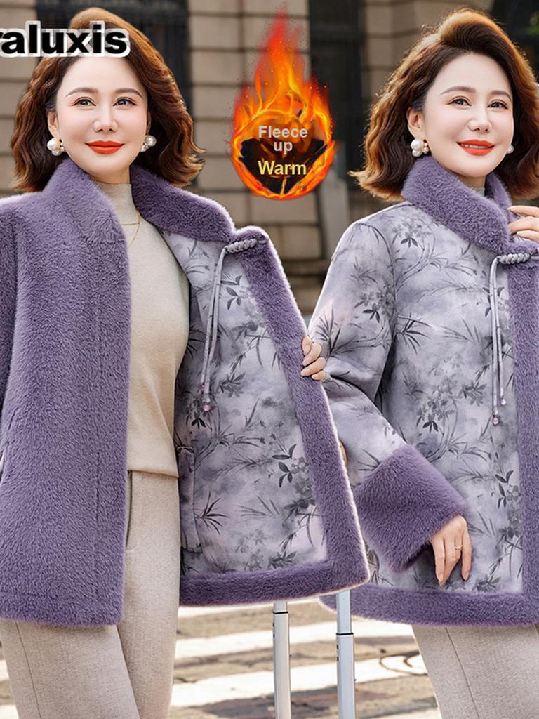 Faux Fur Coat Women's Mid-Length Wool Blend Jacket for Middle Aged Ladies, Chinese Traditional Style Fleece Lined Thick Warm Overcoat