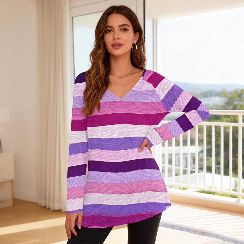 Women's Fashionable Casual Long-Sleeved Striped Print V-Neck Mid-Length Top