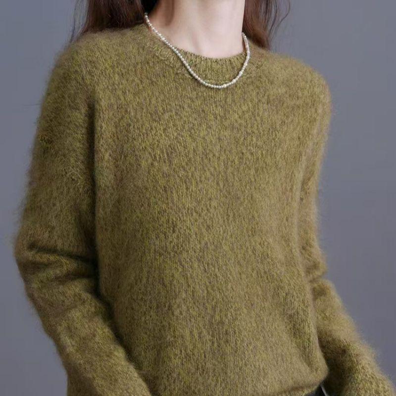 Korean Red Heather Yarn Plush Cashmere Wool Blend Sweater, Round Neck, Loose Fit