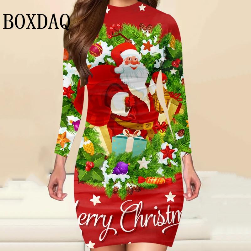 Merry Christmas Cute Santa Claus Print Women Dress Autumn Winter Lady Long Sleeve Dress Christmas Tree
