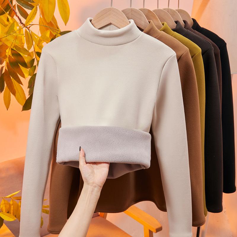 Herbst Winter Hoher Kragen Einfarbig Unterteilter Pullover Top Damen Langarm Lässig Mode Samt Warmes T-Shirt Tee