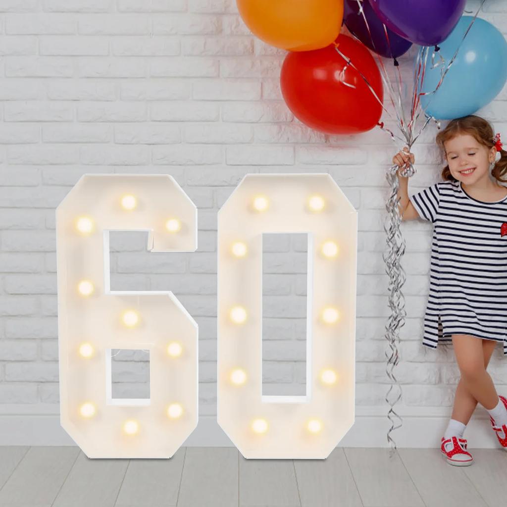 Double-sided Light-up Number 60 LED Strip with Battery Box, LED Bulbs, 60th Birthday Party Decoration Lights, KT Board, White